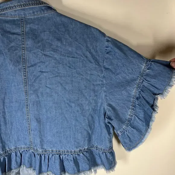 Allegra K Jacket Womens Large Top Layer Lt Wt Denim Cropped Ruffled Jean Frayed - Picture 9 of 12